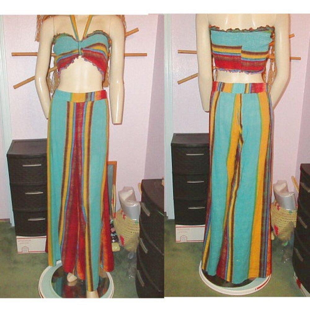 Groovy Rainbow Stripe Wide Leg Pants & Halter Top Womens L Pockets 2 Piece Set